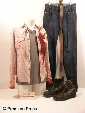 Scream 4 Charlie Walker (Rory Culkin) Movie Costum: Scream 4 - Charlie Walker (Rory Culkin) screen worn, very bloody, grey with orange tiny design snap button up the front, two Western style pockets, 'Salt Valley Western' shirt, (size S) bloody, olive