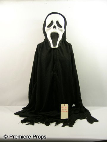 Scream 4 Ghostface Killer's Robe & Mask Movie Cost: Scream 4 - Ghostface Killer's screen worn, hero, black sparkle robe frayed at the bottom with built in hands and winged under the arms custom made robe, and white styrofoam with mesh mouth and padded 