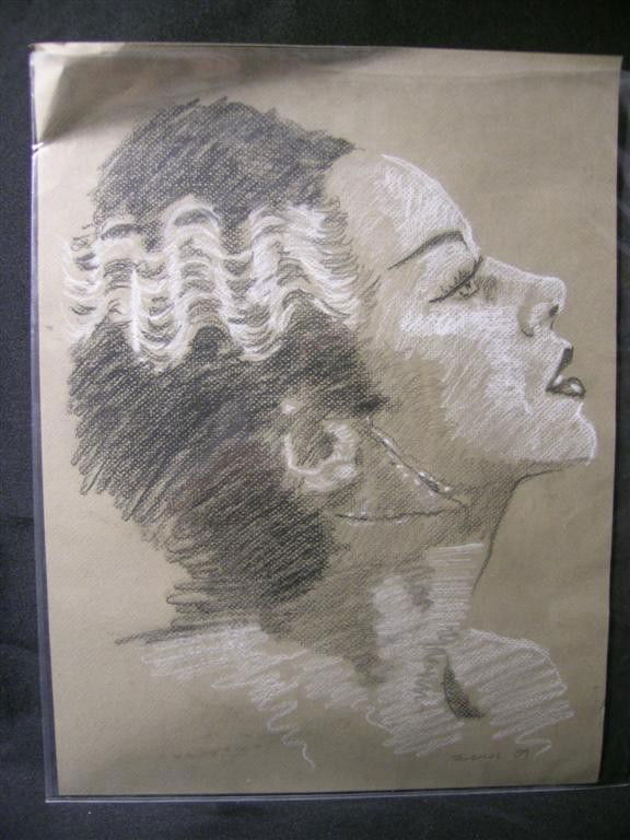 Bride of Frankenstein Drawing: Drawing of the Bride of Frankenstein as portrayed by Elsa Lanchester, measuring 17x14x1 and rendered in charcoals on paper. By veteran film and television makeup effects artist Doug Turner.