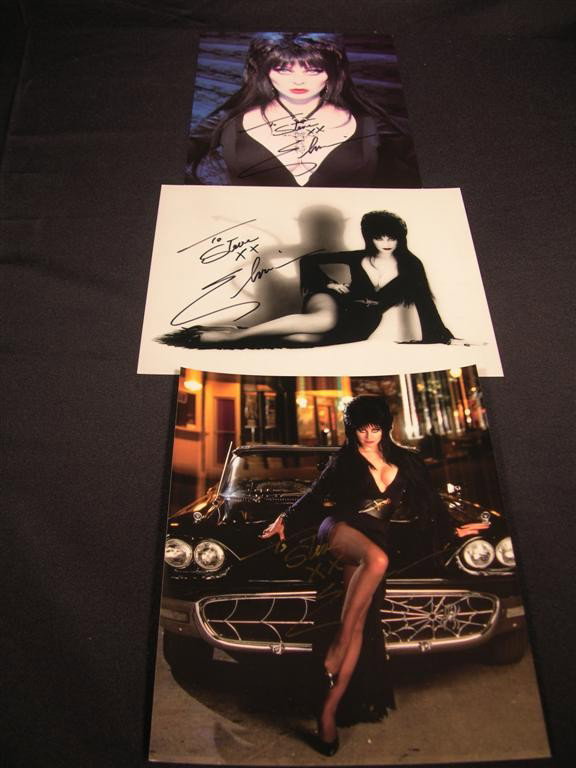 Elvira Autographed Photos: Set of three signed photos, two in color and one in black and white, of Cassandra Peterson in her character of Elvira, Mistress of the Dark. Each photo features her in a suitably spooky, sexy pose and