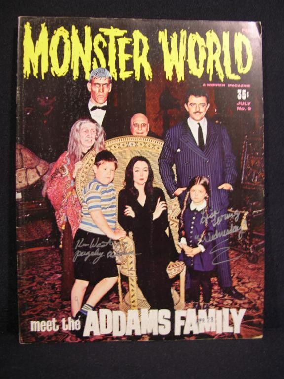Autographed Addams Family Magazine: Monster World # 9 vintage magazine from the 1960s depicting The Addams Family on the cover. Both Ken Weatherwax and Lisa Loring, who portrayed Pugsley and Wednesday Addams, have signed and added their