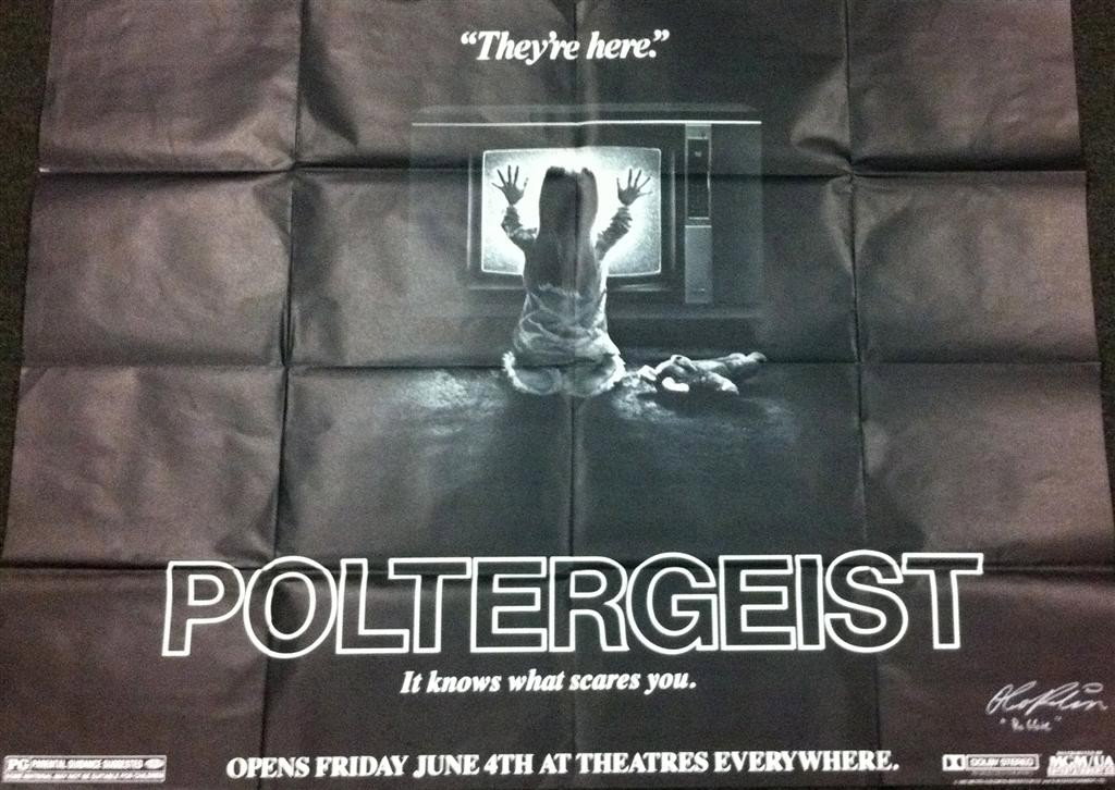 Poltergeist (1982) Oliver Robins Autographed Tease: Poltergeist (1982) - A rare oversized advance teaser folded poster. Signed by Oliver Robins who played Robbie Freeling, the son. In fantastic condition. 59" x 44"