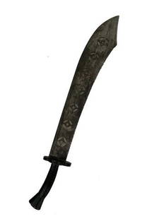 Mortal Kombat Annihilation Broad Sword Movie Props: BROAD SWORD designed to cut a man in two, screen used by one of Emperor Shao Kahn’s Warriors in the beginning of Mortal Kombat Annihilation. Made of aluminum and resin/wood grip painted black (34"