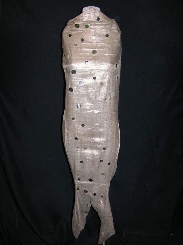 Warner Brothers Mermaid Suit: Gold mermaid outfit made of shiny material with gold-colored buttons, worn by an actress in I Married An Angel (1942). Includes a Warner Bros. label on the inside with a handwritten "Job 4887".