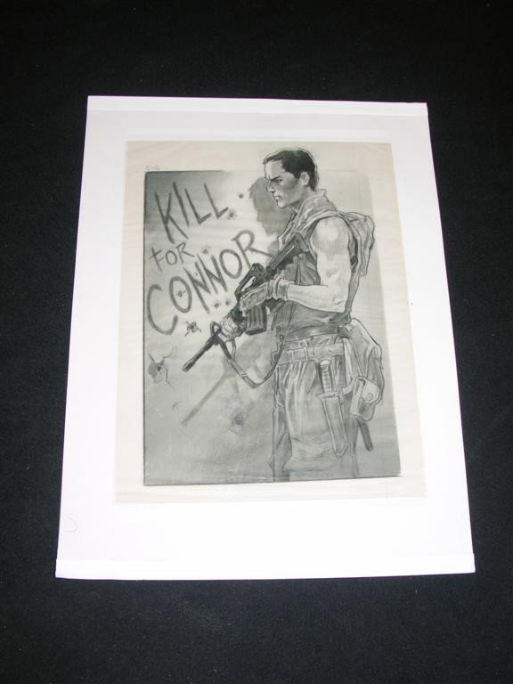 Terminator 4 Concept Sketch: Concept sketch for Terminator 4, drawn by Michael Hopkins and matted under mylar. Drawing depicts an armed man with "Kill For Connon" written on a wall behind him.