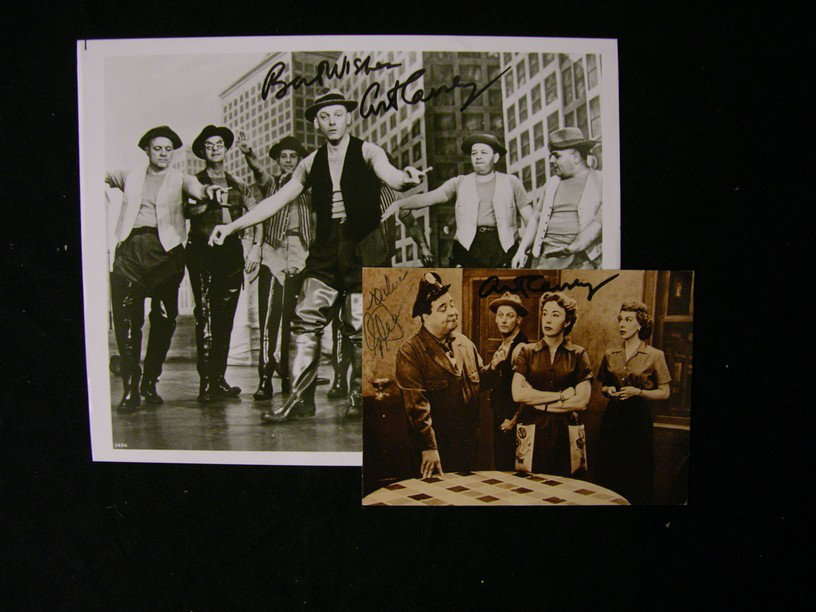 Honeymooners Signed Items: Black and white postcard with a scene depicting the entire cast of The Honeymooners, signed by stars Jackie Gleason (Ralph) and Art Carny (Ed). This lot further includes a black and white 8 x 10 photo