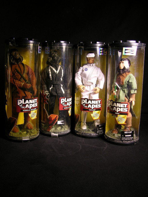 Planet of the Apes Figure Collection: Set of four Planet of the Apes figures from Hasbro, still in their original packaging. Figures are of Dr. Zira, Gorilla Soldier and Gorilla Sergeant. Oversize item. Additional postage required.