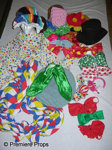 Lot of Clown Gear: Lot of approx. 20 Clown Gear odds and ends, including a full body cown suit with polka dot top and diamond print bottom, large flat cap, a bonnet, a ponty red & white striped hat, a hobo type brown to