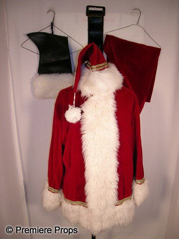 Santa Claus Costume: Lot of 1 XL red velvet Santa outfit with coat, pants and hat, all trimmed with long white fur and gold embroidered trim. Also includes belt and boot tops.