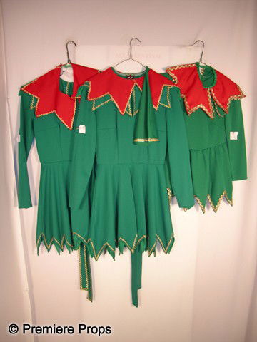 Lot of Elf Dresses: Lot of 10 women's green polyester Christmas Elf dresses, with assorted green and red collars.