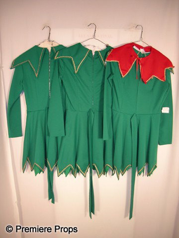 Lot of Elf Dresses: Lot of 10 women's green polyester Christmas Elf dresses, with 9 green collars and 1 red collars.