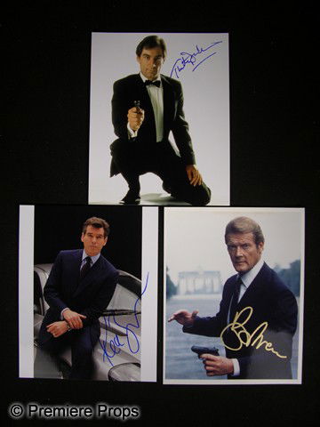 Lot of James Bond Actor Signed Photos: Three photos of James Bond actors Roger Moore, Timothy Dalton and Pierce Brosnan, each signed by the respective actor.