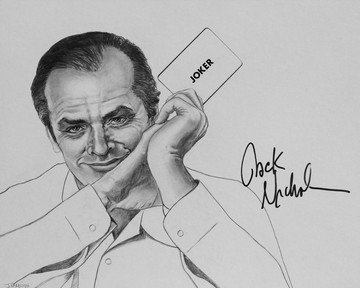 Jack Nicholson Signed Drawing: Black and white pencil drawing of Jack Nicholson by Joseph Namsinh, signed by the actor in black felt pen. Signed in Century City in 1995. Measures 16 x 20.