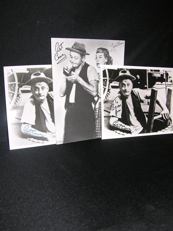 Honeymooners Signed Lot: Lot of three Honeymooners signed items. The first is a black and white 8 x 10 photo of Art Carney as Ed Norton, the dimwitted buddy of Jackie Gleason's Ralph Kramden, signed by the actor in blue marke