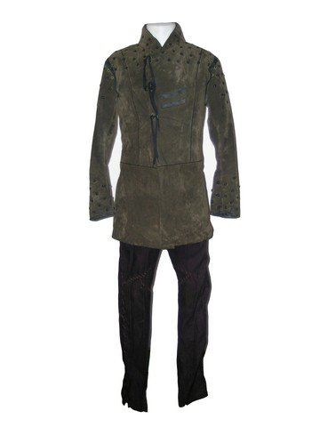 Camelot King Arthur (Jamie Campbell) Costume: From HBO's Camelot. A screen worn King Arthur (Jamie Campbell Bower) Jacket and Black fleece-like pants. The brown suede jacket is adorned with holes on the neck & shoulder area, with the arm sleeves 