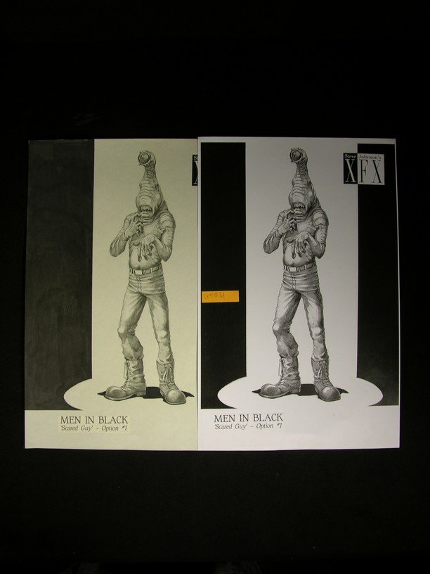 Men in Black Concept Art: Black and white drawing of an alien, "Scared Guy", from Men in Black. From the collection of renowned special effects makeup artist Steve Johnson, with a certificate of authenticity from Elemental LLC