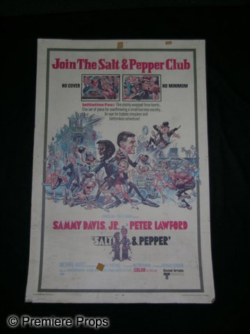 Sammy Davis Jr. Salt & Pepper Poster: An oversized film poster for the release of the 1968 Richard Donner comedy 'Salt & Pepper,' starring Sammy Davis, Jr. and fellow rat-packer Peter Lawford. The film tells the tale of two club owners (D