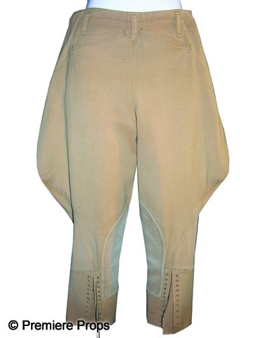 Vintage Jodhpurs from Warner Bros.: Tan jodhpurs sourced from the Warner Bros. wardrobe department, having a Pesterre's Beverly Hills label on the inner waist with a handwritten "S. Eiller" on it. A further handwritten "W.B." also appea