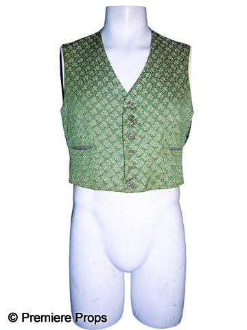 Raymond Massey Screen Worn Vest: Green vest with floral motif, worn by Raymond Massey, most famous for his role in Arsenic and Old Lace and as John Brown in The Santa Fe Trail, in a Golden Age production. Includes a United Costumers 