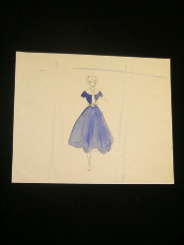 Lucille Ball Costume Sketch: Costume sketch of Lucille Ball from the television series 'The Lucy Show' which ran from 1962-1968. The sketch is in color and was hand-drawn by costume legend Edith Head. They depict wardrobe ideas u