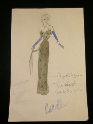 Lucille Ball Costume Sketch: Costume sketch of Lucille Ball from the television series 'The Lucy Show' which ran from 1962-1968. The sketch is in color and was hand-drawn by costume legend Edith Head. They depict wardrobe ideas u