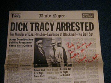 Dick Tracy Warren Beatty Signed Newspaper: This “Daily Paper” prop newspaper was created for and used in the 1990 motion picture “Dick Tracy” featuring an all star cast including Warren Beatty, Dustin Hoffman, Al Pacino, James Caan, Ma