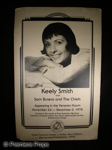 Keely Smith Signed Concert Poster: Concert poster for Keely Smith, signed by Smith in black felt pen. Smith, the wife of singer Louis Prima and the "straight man" half of their act, also collaborated with Frank Sinatra and made a numbe