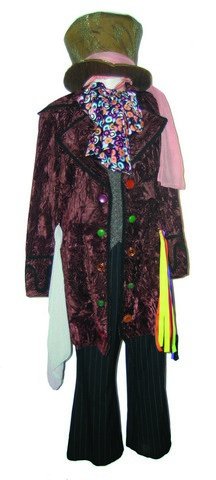 Mad Hatter Costume: Made by New York costume designer Frankie Stein. This whacky Mad Hatter costume can be yours, complete with a wig and hat. Comes with black stripped pants, a grey sweater with numerous multicolored bu