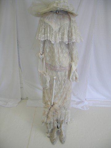 Victorian Wedding Dress & Accessories: Beautiful Victorian wedding dress with accessories, hat, boots, purse, gloves and parasol.