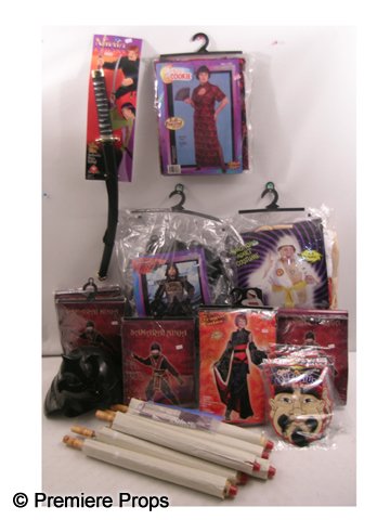 Lot of Costumes & Accessories: Lot of costumes and accessories that includes: (6) parasol, (1) samurai warrior costume, (1) fortune cookie costume, (4) Childs samurai ninja costumes, (5) Elope Confucius face fur, (2) paper fans, (1