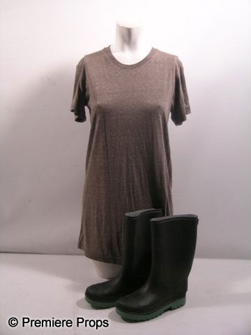 Possession Em (Natasha Calis) Costume: The Possession (2012) - Em (Natasha Calis) screen worn, heathered brown short sleeve long t-shirt, and black rubber with green soles rubber boots. (size 5)