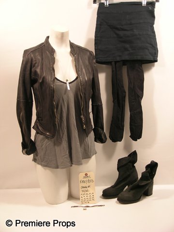 Scream 4 Kirby Reed (Hayden Panettiere) Costume: Scream 4 (2011) - Kirby Reed (Hayden Panettiere) screen worn, black leather zipper up the front on the sleeves 'Blur' jacket, grey 'Truly Madly Deeply' tank top, grey spaghetti strap tank top, dark de