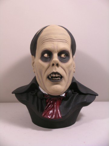 Phantom of the Opera Phantom Lon Chaney Bust: A true museum piece. This shockingly life-like` bust from Lon Chaney’s “Phantom of the Opera” comes from the prestigious “Cine Art” Studios. The handcrafted limited edition replica of Chaney