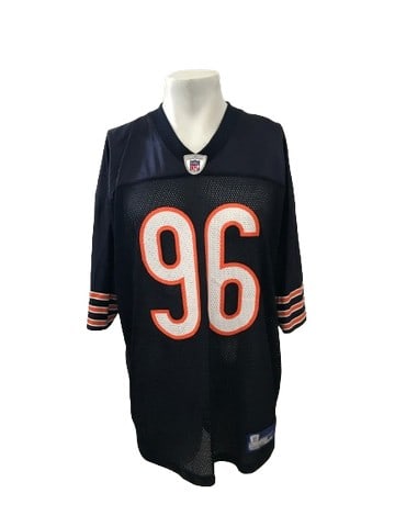 Alex Brown Chicago Bears Jersey: Alex Brown Chicago Bears #96 navy, white, and orange Reebok on field NFL equipment jersey. Jersey contains original tags and has an NFL equipment logo embroidered on front center. Alex James Brown (bo