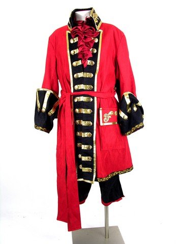 Captain Hook Costume: A magnificently crafted complete Captain Hook costume from hat to boots, that could only come from New York Costume Designer, Frankie Stein! It begins with classic double-length red and gold overcoat
