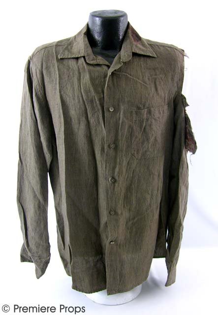 Resident Evil Extinction Dr. Isaacs (Iain Glen) Cos: Resident Evil Extinction - Dr. Isaacs' (Iain Glen) torn and bloody brown "Murano" L/S button up shirt. Torn at left shoulder/sleeve (size M) (screen worn)
