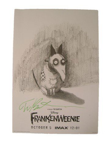 Frankenweenie Tim Burton signed Poster: Utilizing his famous stop-motion technique in virtually black-and-white, Tim Burton created another haunting movie with 2012's "Frankenweenie", the story of a man whose love for his dog goes way out o