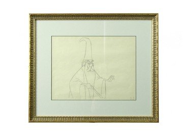 Sword In The Stone Disney Animation Drawing: From Disney's classic animation feature "The Sword In The Stone" (1963), this is a detailed original pencil production animation drawing of Merlin the Magician. It is beautifully double matted, and en
