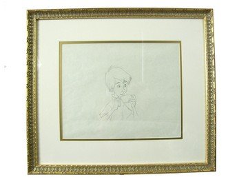 The Sword In The Stone Disney Animation Drawing: From the Walt Disney Studios animation department, this is an original production animation drawing of "Wart", the hero of the Disney 1963 classic "The Sword In The Stone". It shows wart listening int
