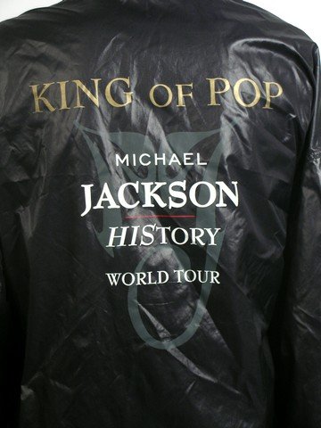 Michael Jackson World HIStory Tour Windbreaker: From 1996/1997, this is a backstage black wind breaker (XXL) for Michael Jackson's World HIStory Tour. The HIStory World Tour was a worldwide tour that was attended by 4.5 million visitors!