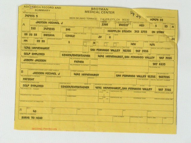 Michael Jackson Pepsi Commercial Accident Med Records: A rare Michael Jackson historical collection. From the operative report from Brotman Medical Center dictated by Dr. Steven Hoefflin who was Jackson's personal plastic surgeon, and also treated him for