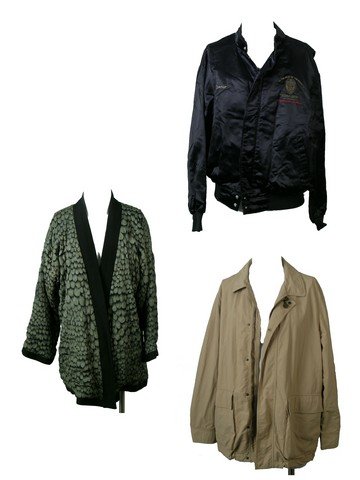 Larry Hagman In The Heat Of The Night Crew Jacket &: From the estate of Larry Hagman, a set of three personal wardrobe items owned by Mr. Hagman. They include a "Michaele Vollbrach" cross front robe with black edging and silver/green half shell print; A
