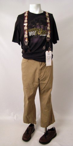 Paranoia Frank (Richard Dreyfuss) Hero Costume: Paranoia - Frank (Richard Dreyfuss) screen worn, hero, black short sleeve with Royal Purple Oil graphic on the front t-shirt, (size XXL) maroon with Venus graphic suspenders, khaki 'Old Navy' pants, (