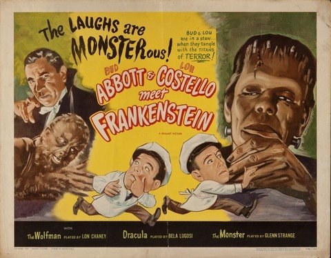 Abbott & Costello Meet Frankenstein R'1956 US Half: Abbot & Costello Meet Frankenstein Reissue 1956 US Half Sheet 22"x28" Condition Fine + (7.5) Minor pin holes, dirt and creasing. Graded by Mpgrading, Comes with COA