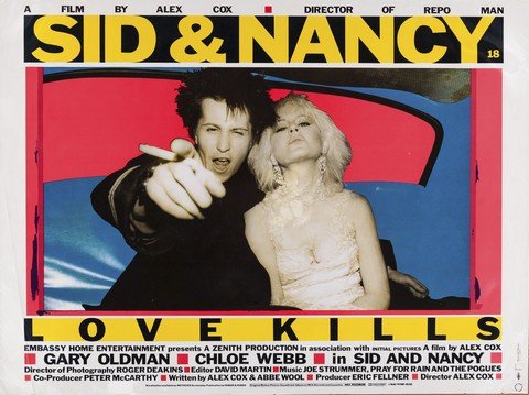 SID AND NANCY- Rolled U.K. Quad Poster of Sex Pistols: 30" x 40" rolled U.K. Quad size poster with dayglo silkscreen art for this great biopic on Sid Vicious and Nancy Spungeon. Very Fine with lower left edge crease.