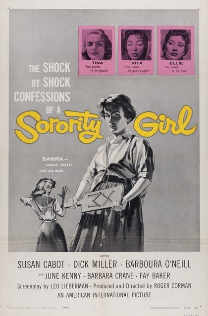 Sorority Girl- Folded U.S. 1-Sheet Poster: 1957 27" x 41" folded 1-sheet poster with ritual spanking artwork for classic Fifties teen-exploitation film. Normal folds and handling from age, Very Good to Fine.