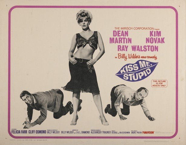Kiss Me, Stupid- Rolled U.S. Half-Sheet Poster: 1964 22" x 28" rolled half-sheet poster for Billy Wilder comedy starring Dean Martin and Kim Novak. Fine.