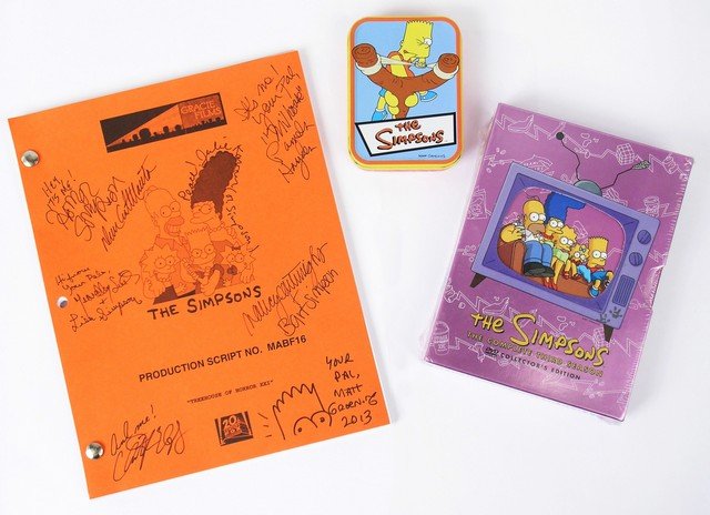 The Simpsons Rare Signed Script w/ DVD Set: Rare, autographed copy of "The Simpsons" Production Script No. MABF16 "Treehouse of Horror XXI". Includes signatures from Nancy Cartwright (Bart Simpson), Matt Groening (show creator), Pamela Hayden (