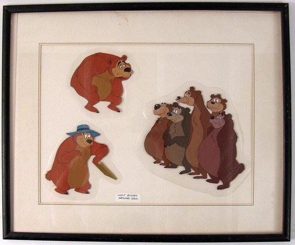 Disney Cels Humphrey The Bear 1950s: Three original ink and painted cels from the Disney animation department are from one of the series of "Brownstone National Park Humphrey the Bear/ Ranger J. Audubon Woodlore" Disney cartoons of the e