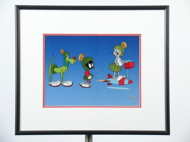 Lunar Toons Special Delivery From Mars Animation Cel: A great cast of Lunar Looney Tune characters grace this Limited Edition sericel inspired by the Lunar Tune episode "Special Delivery From Mars". It shows "K-9", "Marvin the Martian", and Bugs Bunny on